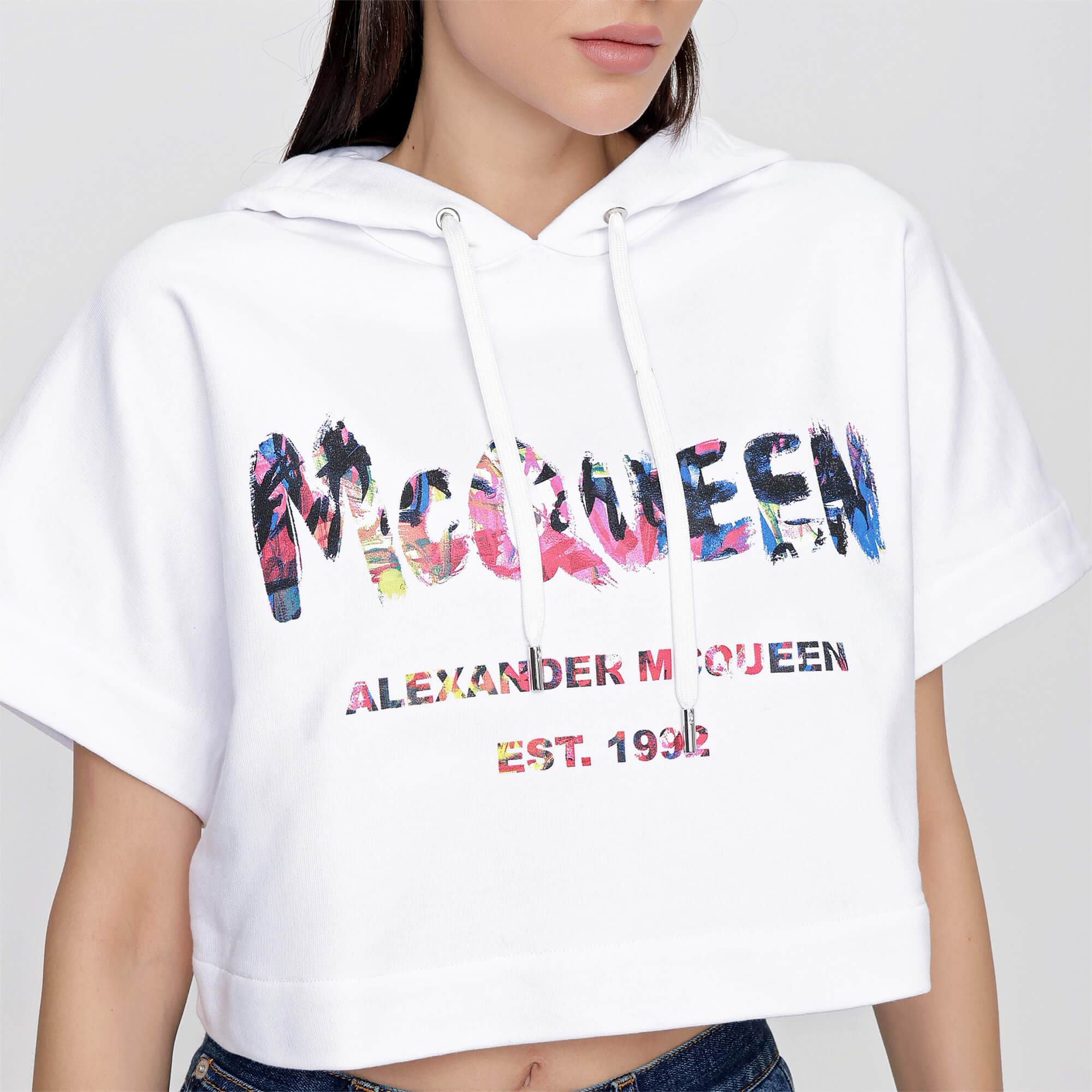 Alexander McQueen - White Cotton Logo Print Hooded Cropped Sweatshirt